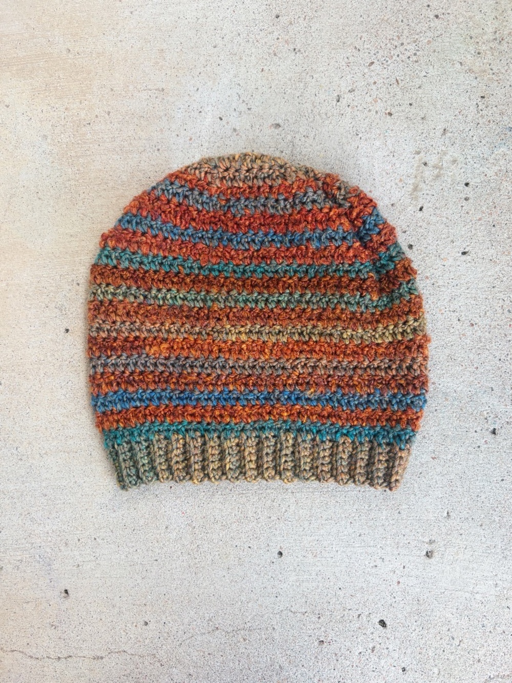 Handmade Crocheted Orange and Teal Striped Beanie